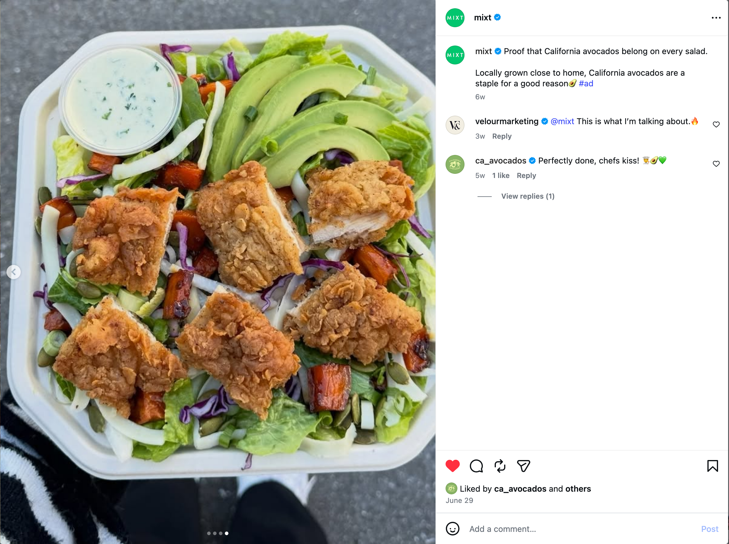 MIXT – a salad concept restaurant with 21 locations in California – promoted California avocados with a series of social media posts, emails to their fan club and in-app messages. 