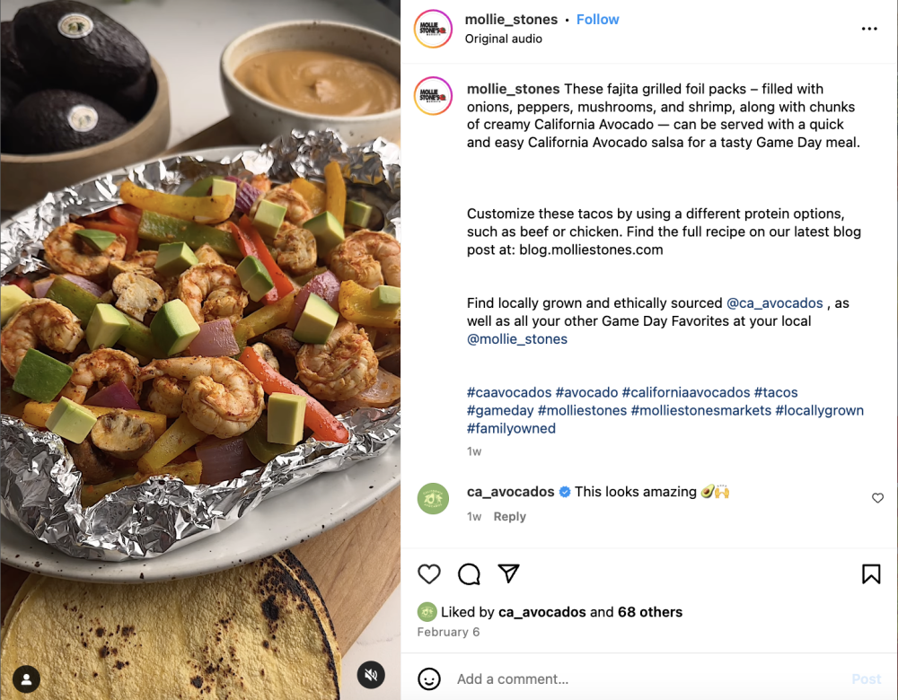 Mollie Stone’s Markets featured this delicious California Avocado Fajita Grilled Foil Packs recipe on its social media. 