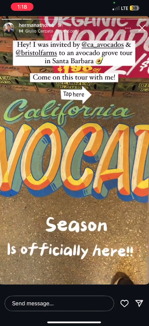 One of the influencers invited followers to enjoy highlights of the California avocado grove tour from the Bristol Farms event.