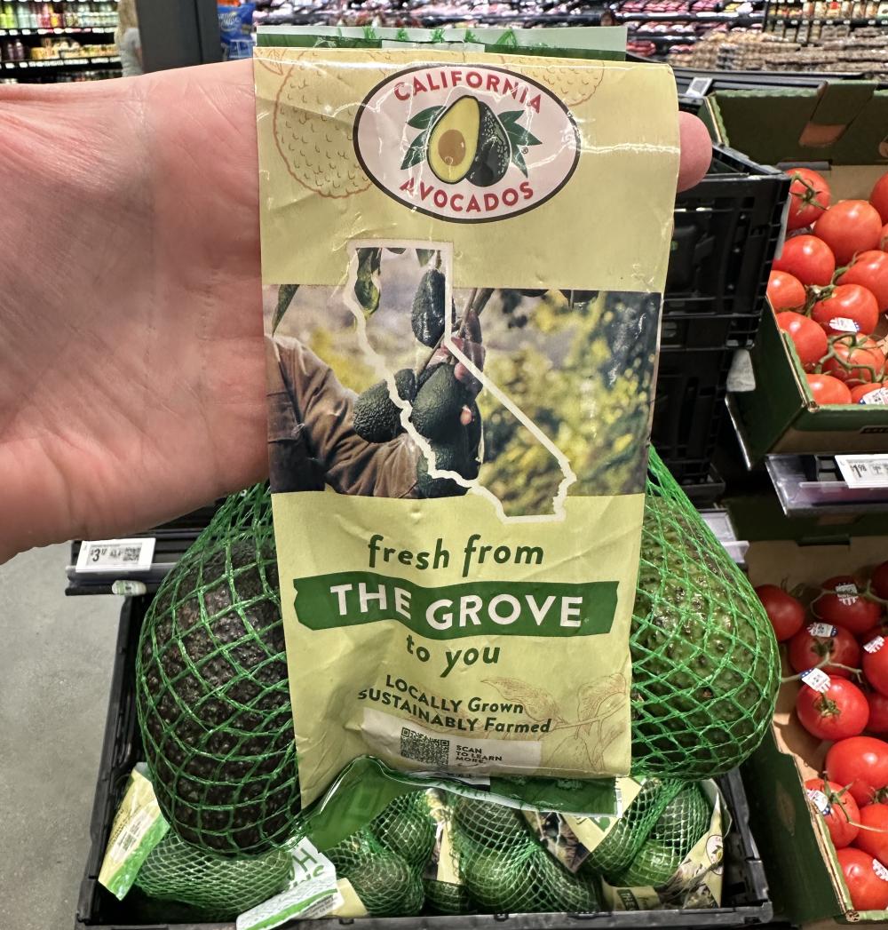 One side of the Walmart avocado bags features California avocado branding and messaging.
