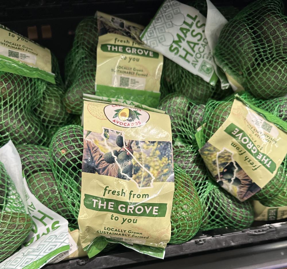 Walmart’s proprietary California Avocados-branded avocado bags on display