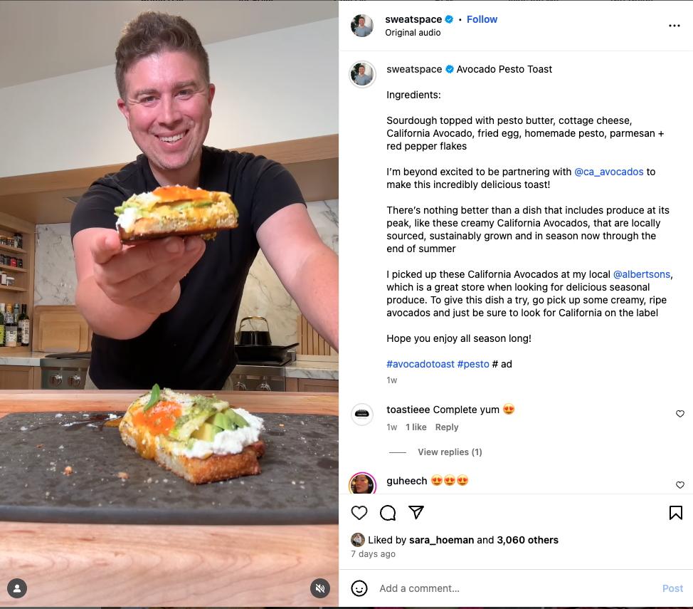 Example of a participating influencer post featuring his recipe creation and mentioning availability of California avocados at Albertsons.