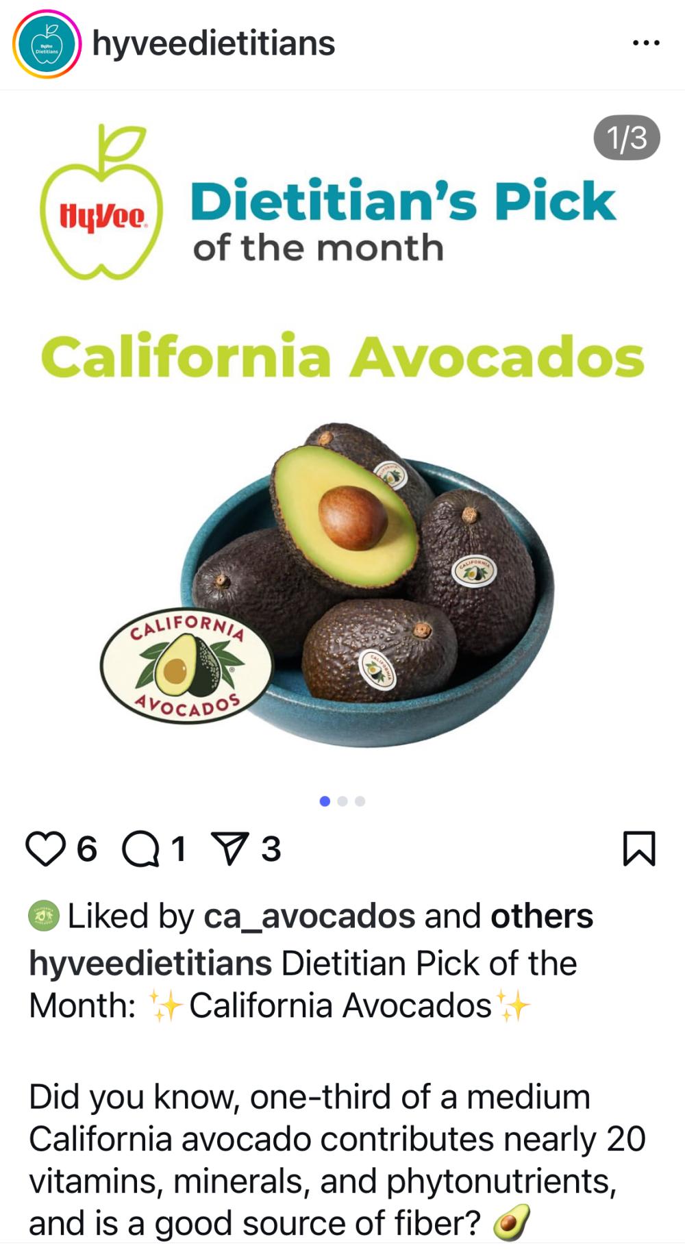 Hy-Vee dietitians showcased California avocado nutrition messaging on social channels.