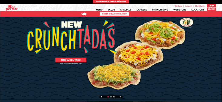 Del Taco’s Specials menu on its website features the California Avocados brand logo alongside a selection of the popular Crunchtadas.