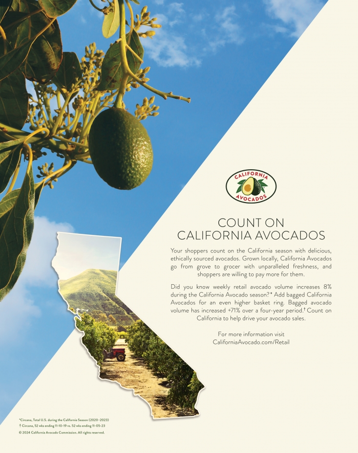 The 2024 trade ads are designed to complement the new consumer advertising design, featuring a California State outline whose center is filled with a grove beauty shot. 