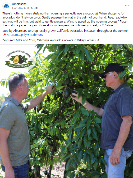 Albertsons/Vons/Pavilions celebrated California Avocado Month with a post showcasing California avocado growers Mike Sanders and Chris Ambuul at the Grove Open House event.