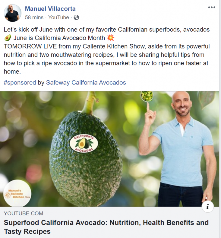 CAC Living Well Brand Advocate Manuel Villacorta, MS, RDN, engaged as one of the Albertsons-Safeway Registered Dietitians, promoted his Facebook Live event.