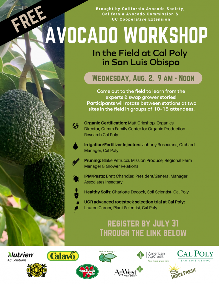 California avocado growers are invited to attend a free California Avocado Society workshop in the field at Cal Poly, San Luis Obispo.