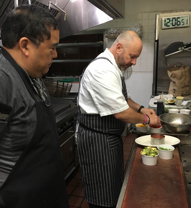 Chef Dave Woolley building a California Avocado Crab Tower for David Bolosan of Black Angus Steakhouse. 