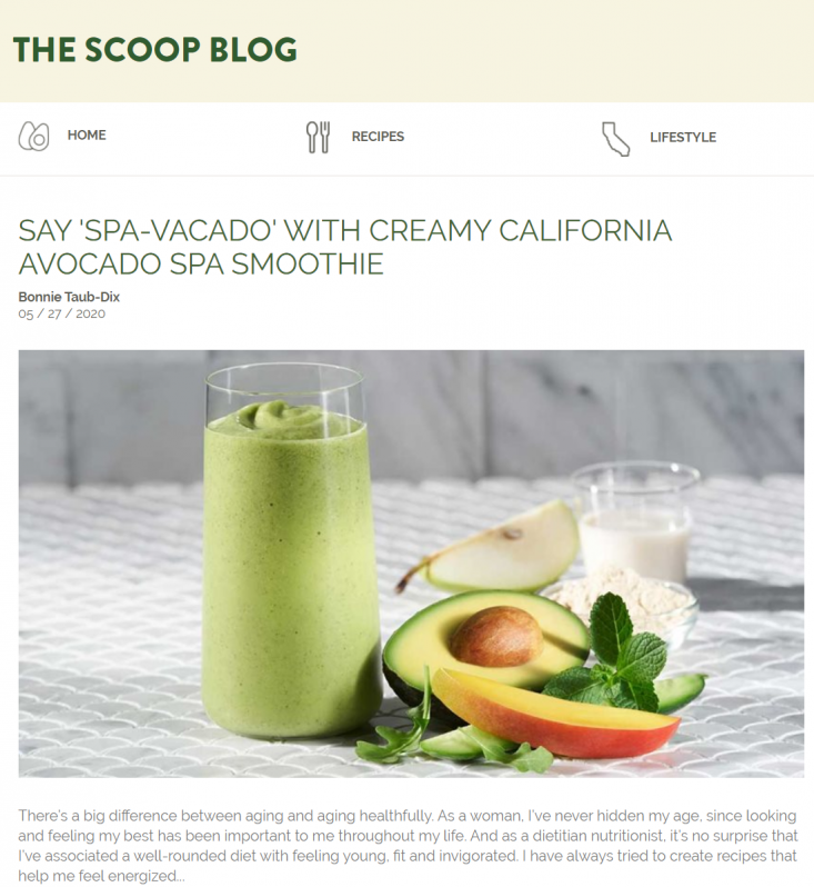 Bonnie Taub-Dix’s Creamy California Avocado Spa Smoothie is a refreshing treat for a hot summer day.