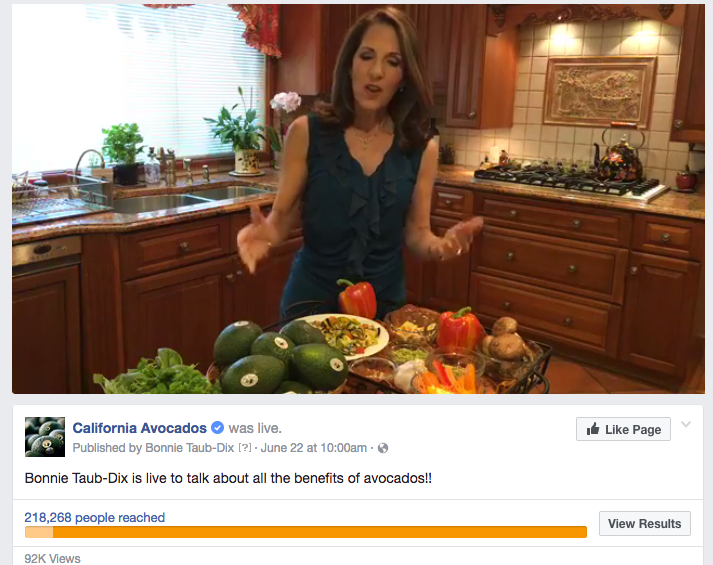 Bonnie Taub-Dix answered California avocado fans’ questions while demonstrating avocado preparation tips and new sharing new recipe ideas during a Facebook live video event.