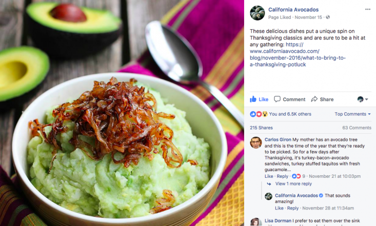 This California avocado mashed potatoes recipe inspired fans to share their own California avocado Thanksgiving recipes on Facebook.