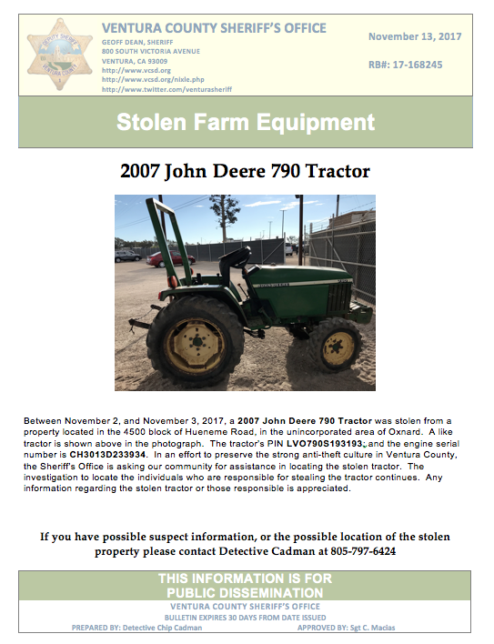 Ventura County seeks information concerning a tractor stolen in the Oxnard, CA area. 