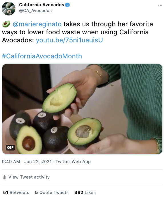 During California Avocado Month, this Twitter post drove consumers to the Commission's YouTube page to view a partner video about food waste.